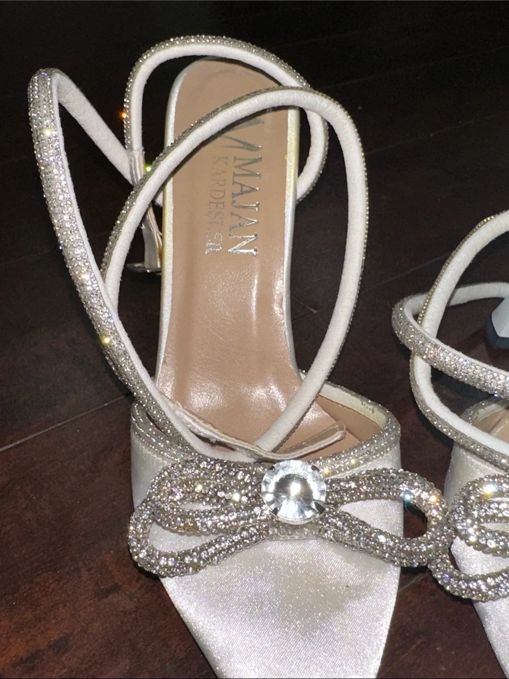 White Pointed Ankle-Strap Heels with Jeweled Bow